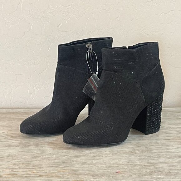 New Michael Kors Ankle Boots 6 Black Sparkle Glitter Crystals Heel Side Zip - Picture 1 of 10